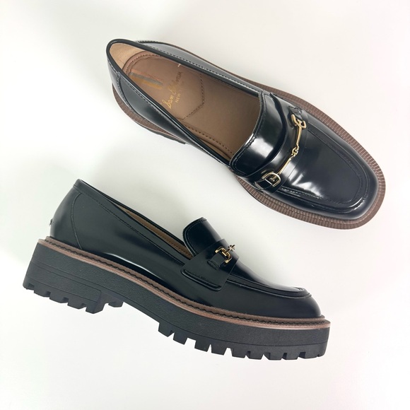 Sam Edelman Laurs Black Leather Chunky Lug Sole Loafers Gold Hardware Size 8.5 M - Picture 2 of 10